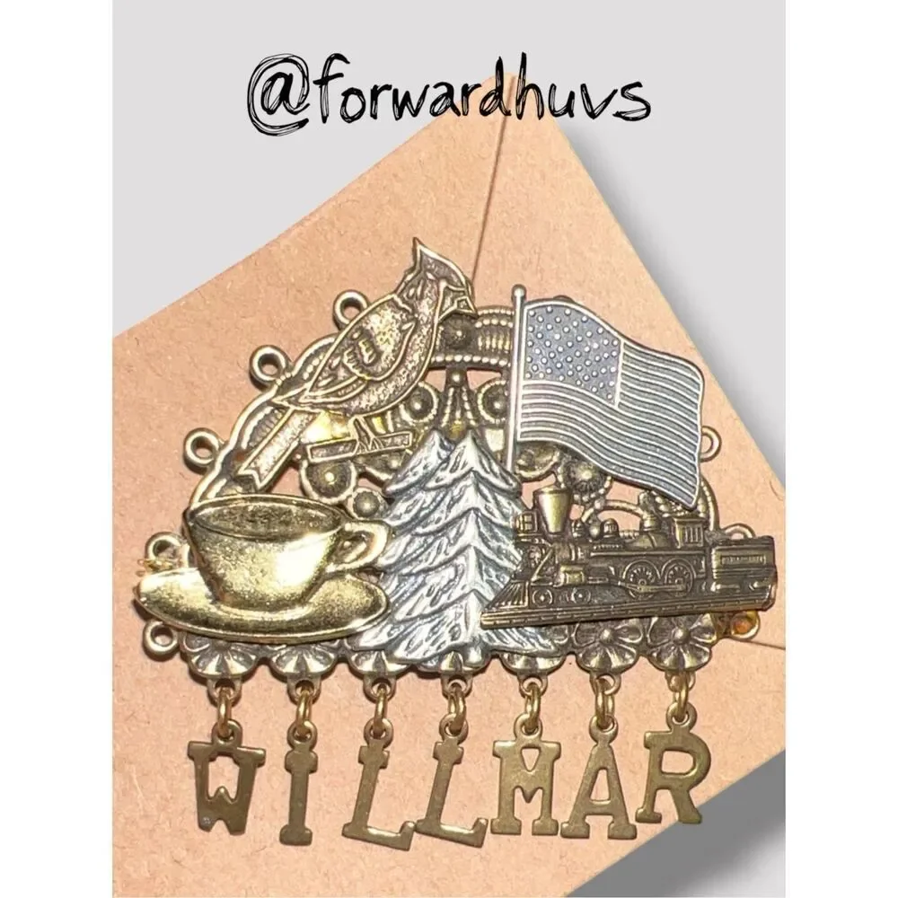 Willmar Travel Souvenir Pin with Decorative Filigree and Dangles